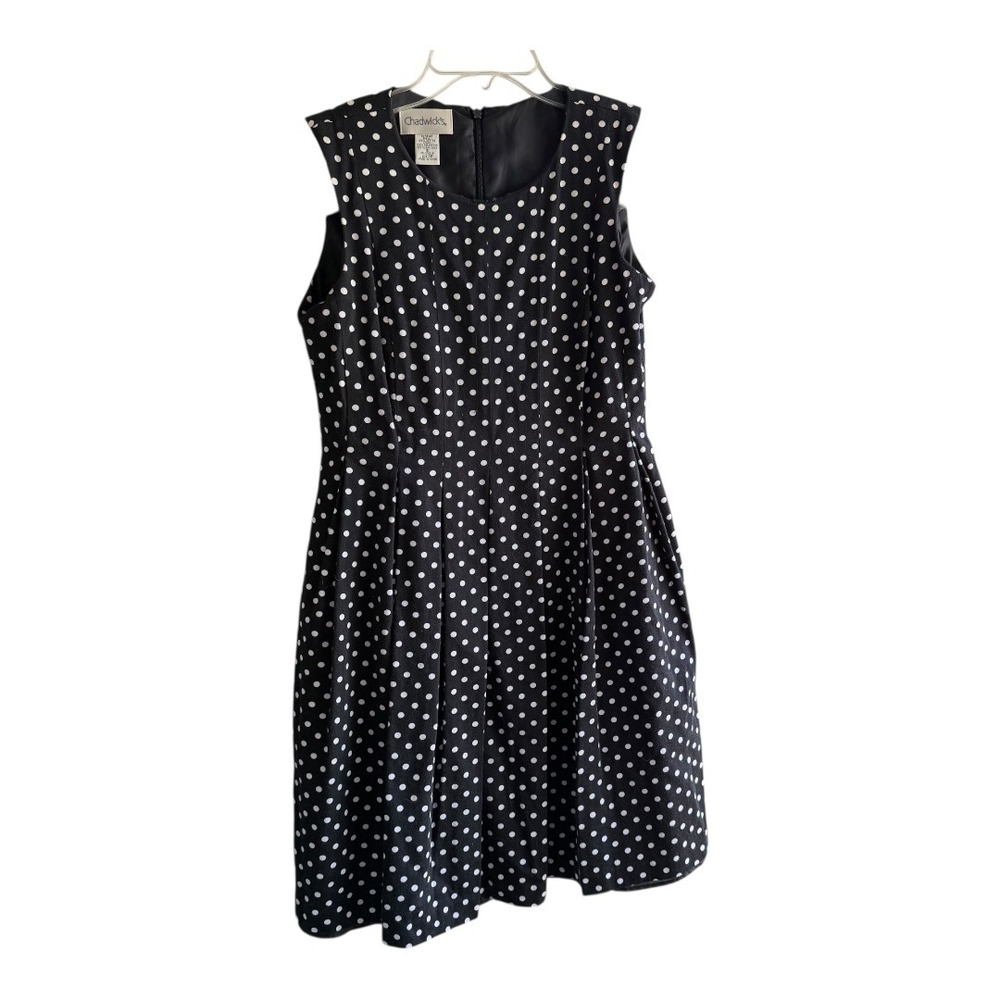 Retro Pinup Chadwick's Polka Dot Fit & Flare Dress 8P Black White Cotton Vintage